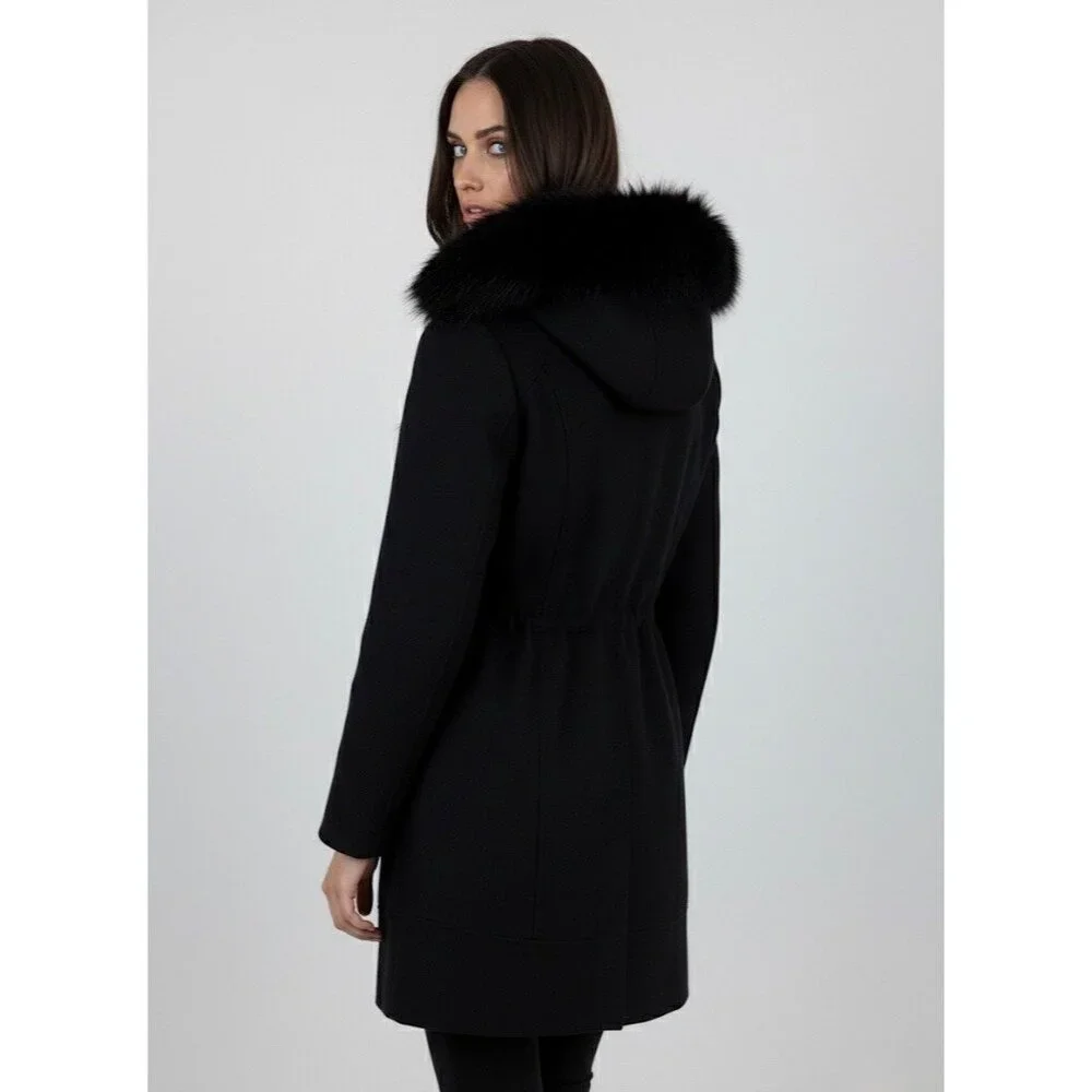 Laundry By Shelli Segal Black Wool Faux Fur Trim Hooded Coat | Cozy Quiet Luxury - Picture 6 of 16
